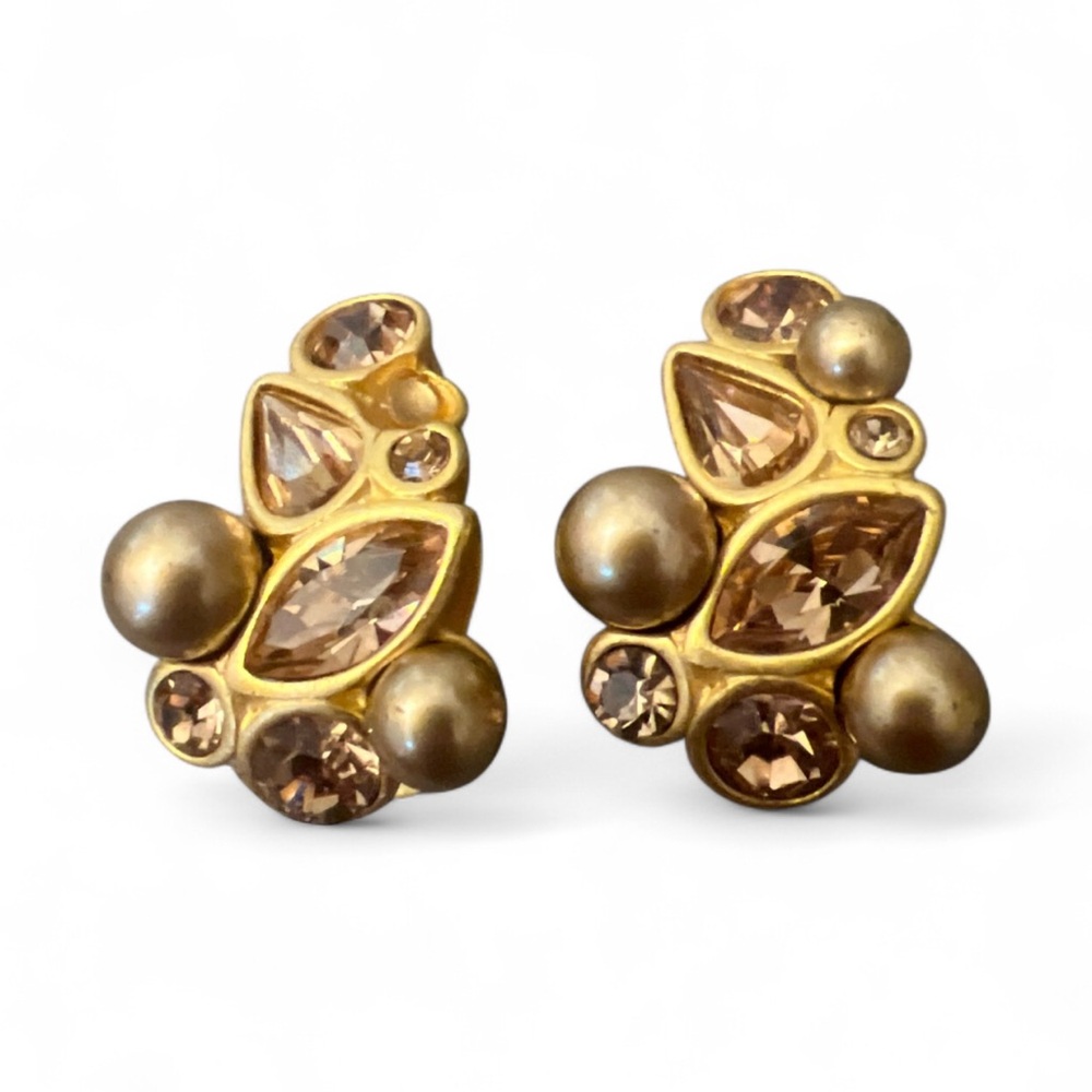 Givenchy Brown Crystal Gold Tone Clip Earrings Faux Pearls + Missing One vintage